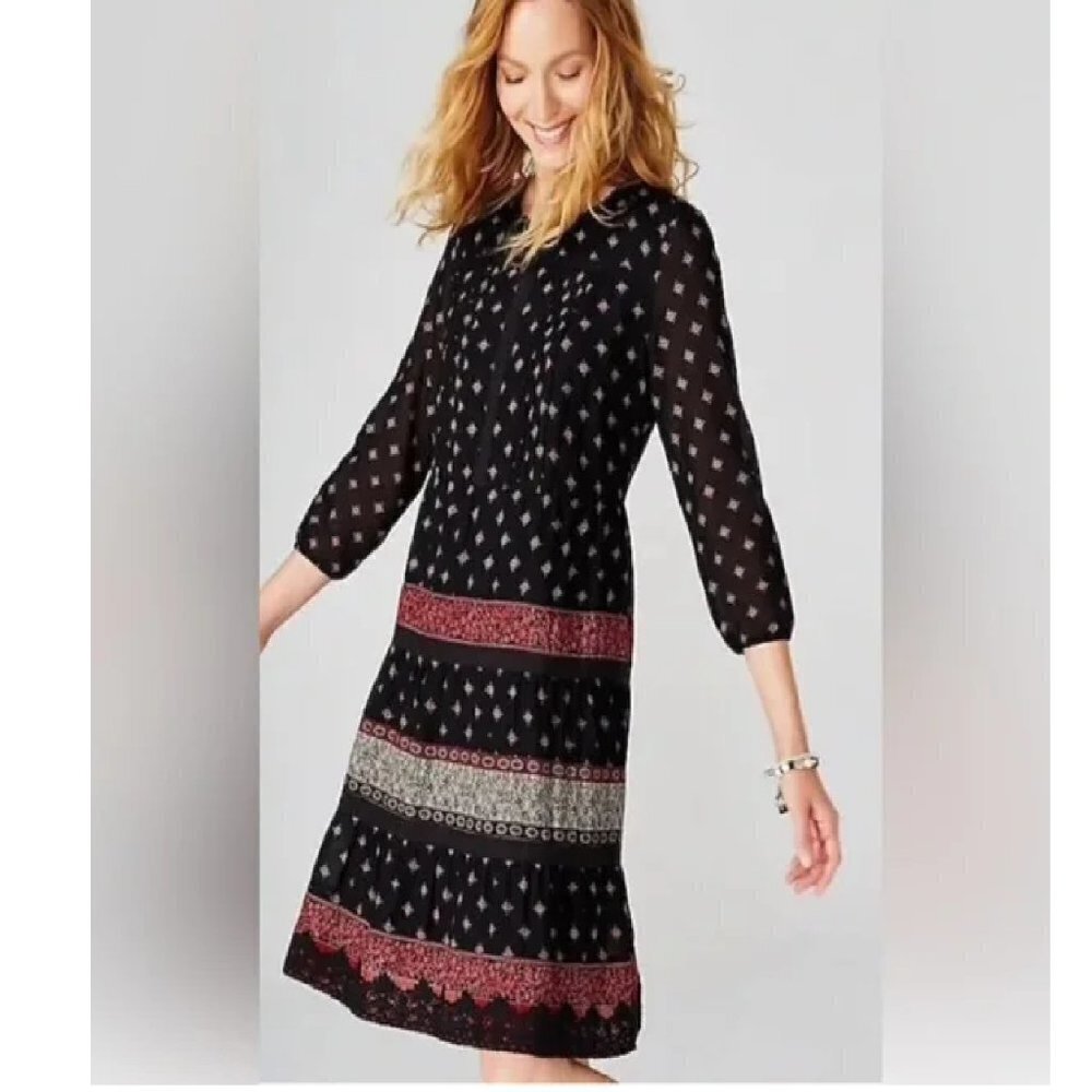 J. Jill Cotton Babydoll Dress Bohemian Pintucked Lace Trim Black Red Size SP‎